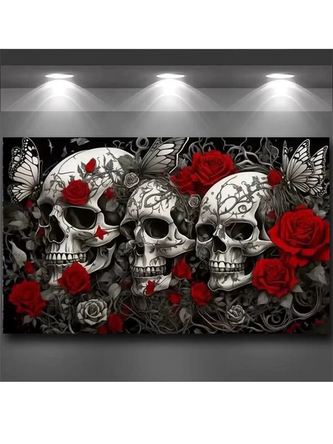 YOGOTOP Diamantmalerei-Set Totenkopf und Blumen mit Rundsteinen in Multicolour für Halloween-Heimdekoration - Bild 3