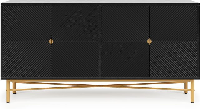 Modernes 4-türiges Sideboard von RN Store in Schwarz und Gold mit geometrischer Struktur und Soft-Close-Schubladen, B/T/H: 160 x 40 x 82 cm - Bild 1