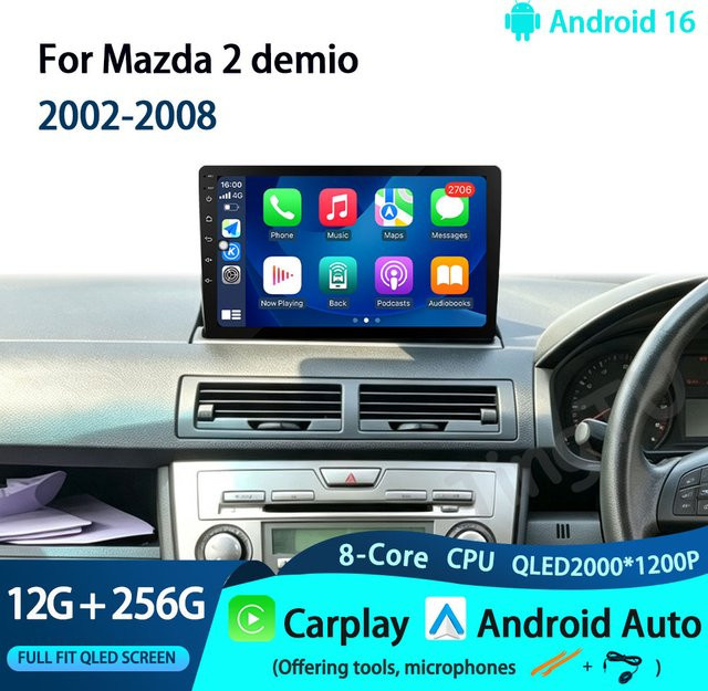 Android Multimedia-Autoradio mit 9 Zoll Display für Mazda 2 Demio 2002 - 2008, Kabelloses CarPlay, Video, Audio, GPS Navi und Split Screen, Schwarz - Bild 1