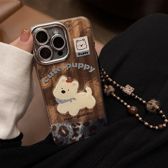 Potdemiel Handyhülle mit Leopardenmuster und Cartoon-Welpen-Motiv für iPhone 17 Air 16 15 14 13 12 11 Pro Max inklusive Kette, stoßfest - Bild 1