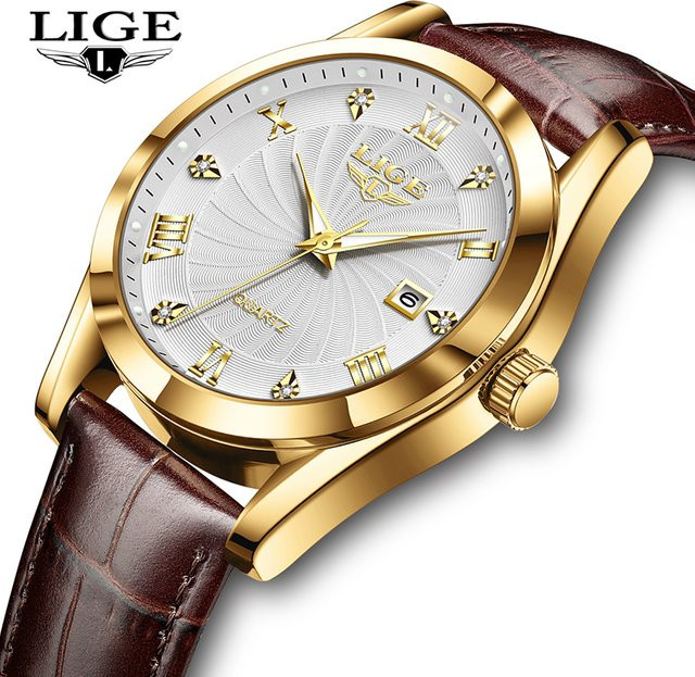 LIGE Armbanduhr, Quarz, Gold, Leder, Schwarz, Herren - Bild 1
