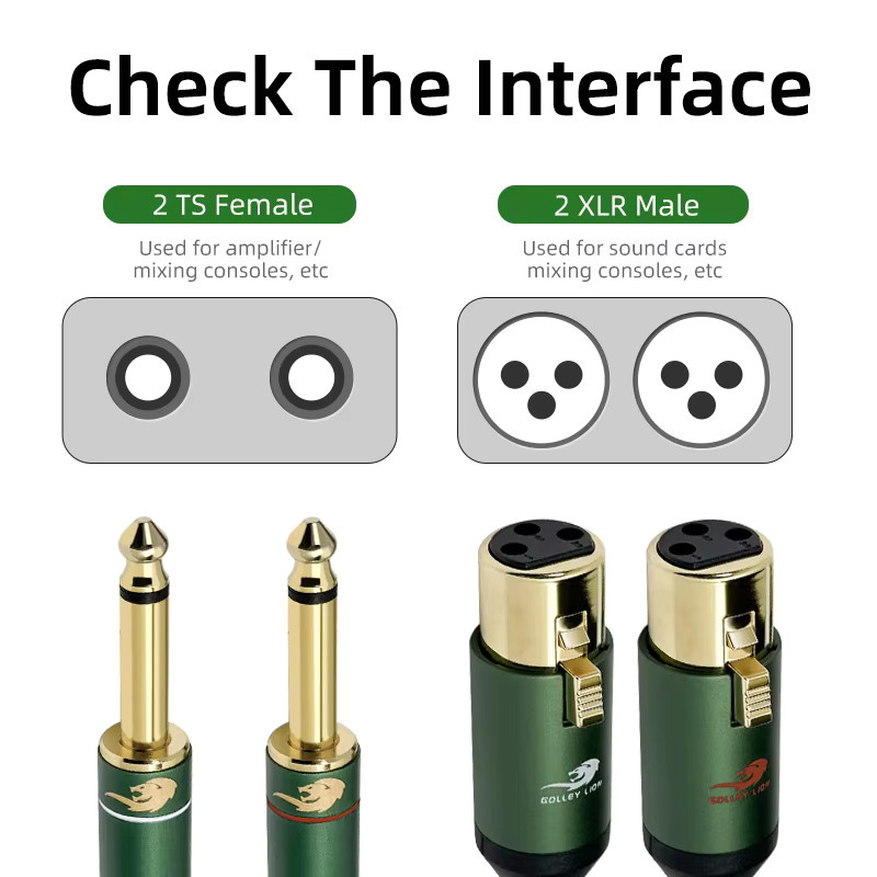 GOLLEY LION HIFI Stereokabel mit 2x 6,35mm Klinke auf 2x XLR Buchse, vergoldete Anschlüsse und abgeschirmte Leitung für Studioaufnahmen - Bild 4