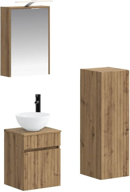 vidaXL Badezimmermöbel-Set 4-teilig in Artisan-Eiche, modern mit Spiegelschrank, Wandschrank und Waschtischunterschrank, Farbe Braun, mit LED-Beleuchtung und Glasfronten - Bild 1