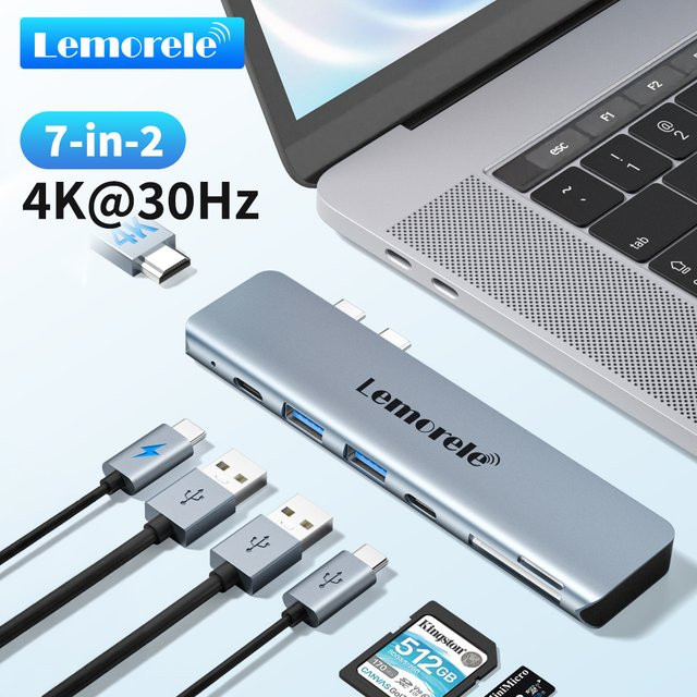 Lemorele 7-in-2 USB-C Hub Multi USB Splitter Adapter mit HDMI 4K, TF, SD und USB 2.0 sowie PD 60W Ladefunktion in Silber für MacBook und Laptop - Bild 1
