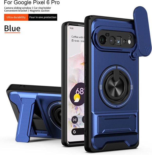 Armor stoßfeste Handyhülle für Google Pixel 6 Pro mit verschiebbarer Kamerakappe, integriertem Magnetring und Ständer in Schwarz - Bild 1