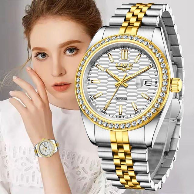 LIGE Armbanduhr Quarz, Edelstahl, Silber, Blau, Diamantbesetzt, Damen - Bild 1