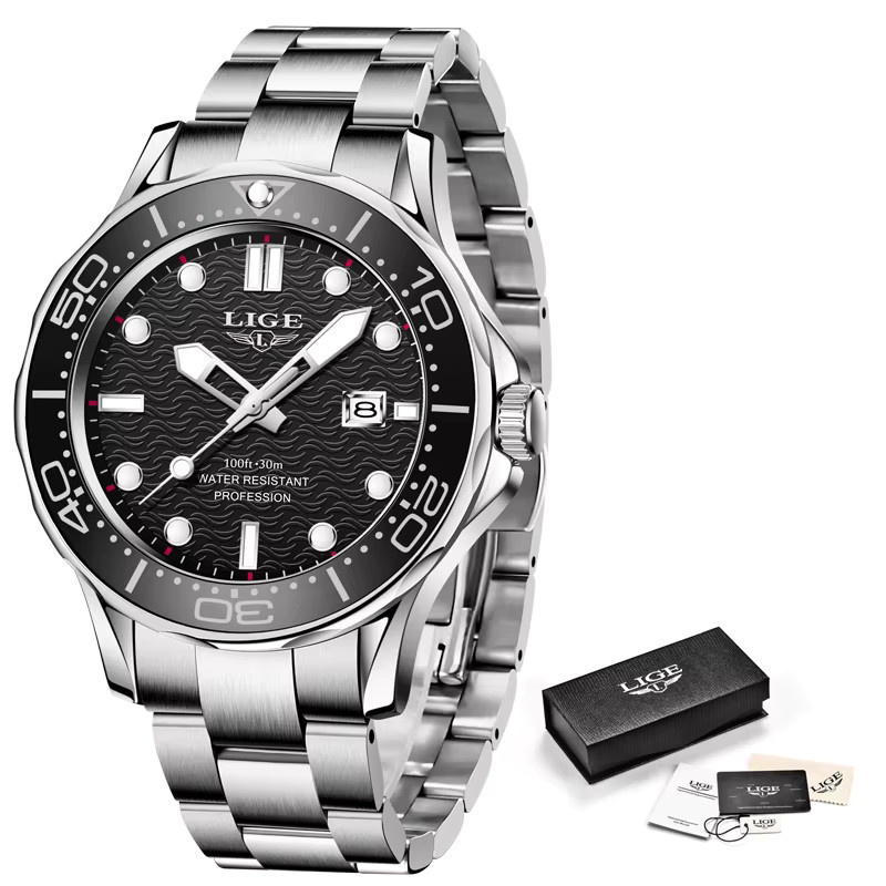 LIGE Armbanduhr Edelstahl, Quarz, Datum, Schwarz, Herren - Bild 6