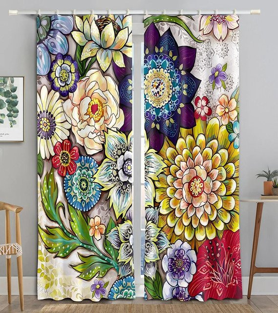 Yiran Furniture Boho-Vorhang aus Polyester mit Grafikprint, halbtransparent, Mehrfarbig, B: 75 cm, H: 166 cm, 2er-Set inklusive Haken - Bild 1