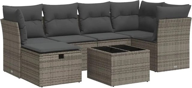 vidaXL 7-tlg. Garten-Sofagarnitur aus Polyrattan in Grau mit Kissen und Metallgestell - Bild 1