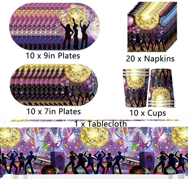 Skyfree 51-teiliges 80er-Jahre Party Geschirrset in Schwarz und Multicolour für 10 Personen - Bild 1