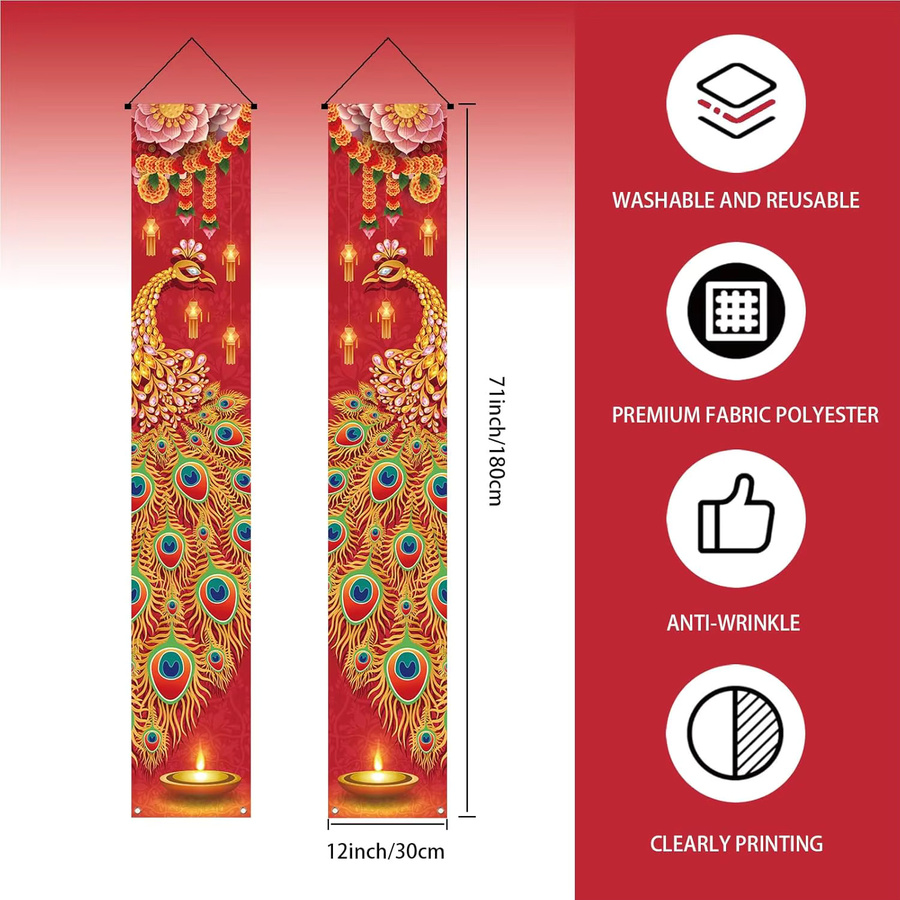 VIKAMA Diwali Festival Banner mit Pfauen-Motiv, buntes Willkommensschild für die Haustür als Partydekoration, B/H: 180 x 30 cm - Bild 3