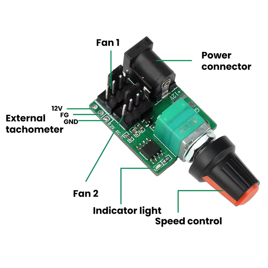 Aideepen 2-Kanal 4-Draht PWM Lüftergeschwindigkeitsregler DC 12 V 5 A mit manuellem Potentiometer - Bild 4