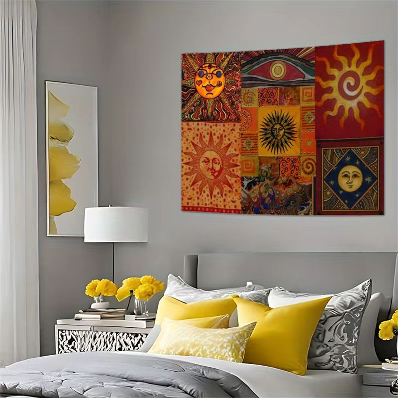 Sonnenwandteppich im Bohemian-Stil mit geometrischem und abstraktem Sternen-Druck, mehrfarbig, rechteckig, Textil-Wanddekoration für Wohnzimmer und Schlafzimmer, B/H: 60 x 40 cm - Bild 1