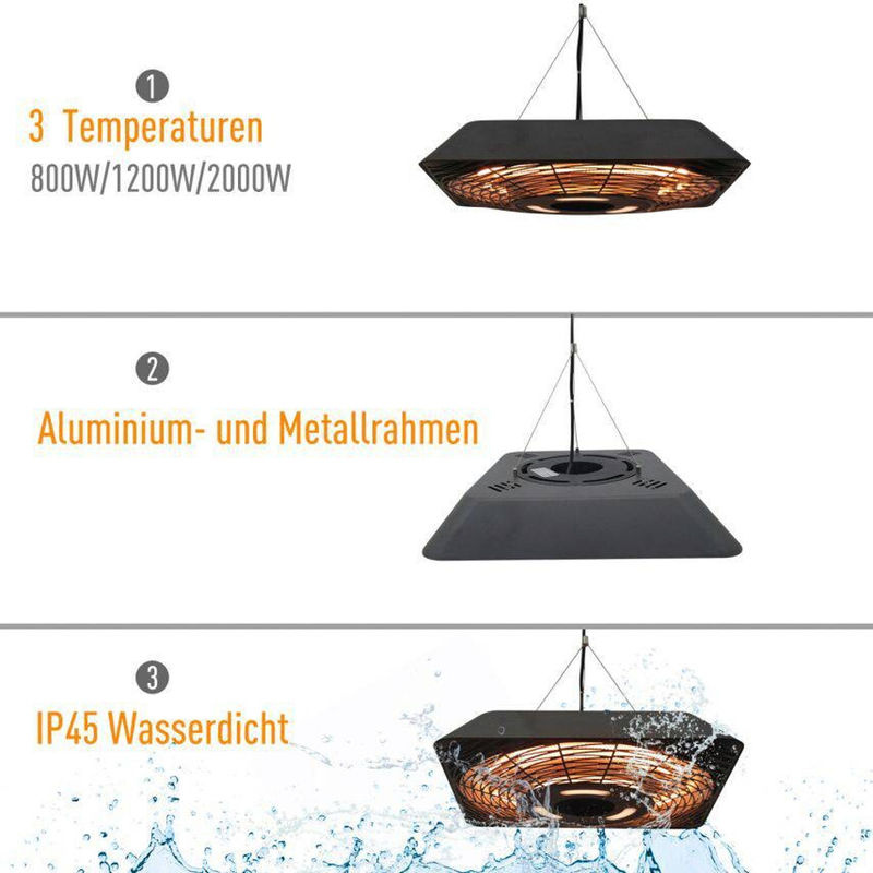 Outsunny Deckenheizstrahler IP45 in Schwarz mit Alu-Glas Gehäuse B/H/T: 45 x 45 x 10 cm - Bild 3