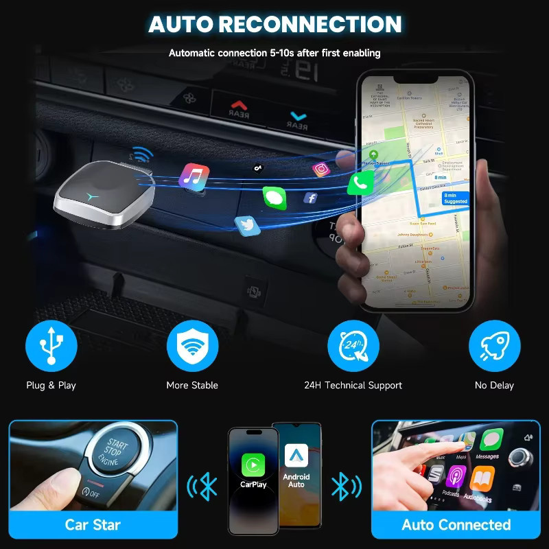 2 in 1 Drahtlose CarPlay AI Box für Android Auto Plug und Play zur Konvertierung von kabelgebundenem CarPlay zu kabellosem CarPlay in Schwarz - Bild 6
