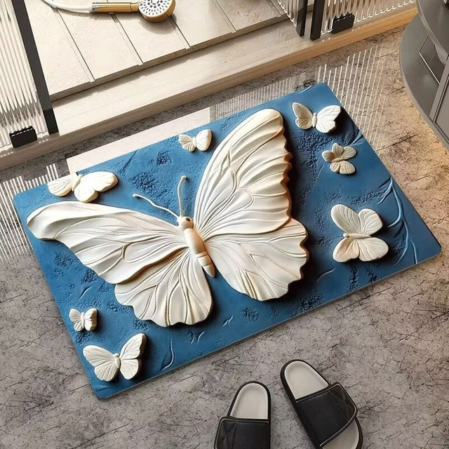 VIKAMA Minimalistische Schmetterlings-Bodenmatte in Blau, schnell trocknende und antirutschfähige Badezimmermatte mit grafischem Tierdesign - Bild 1