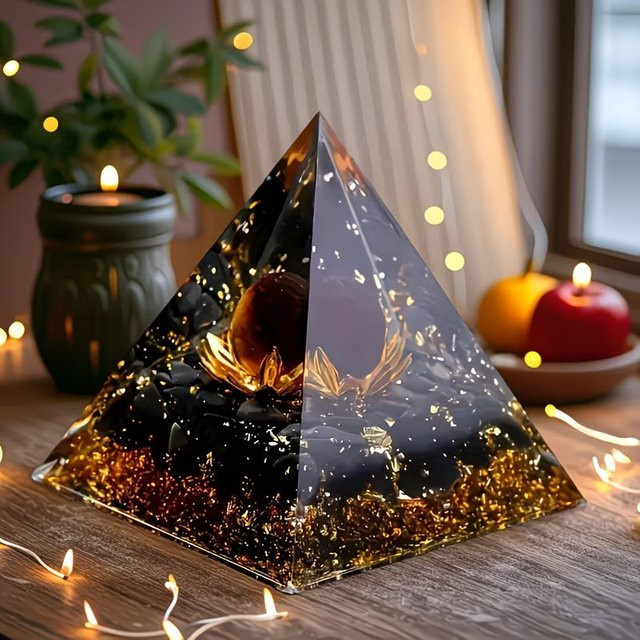 Elegantes Kristall-Set mit Tigerauge-Kugel und Pyramide in Blau, Gold und Schwarz mit geometrischem Design und Sockel - Bild 1
