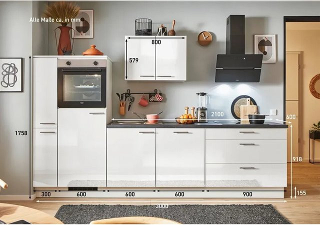 pino Küchenzeile Weiß Hochglanz mit Seitenschrank und Geräteanschluss, Breite: 300 cm - Bild 1