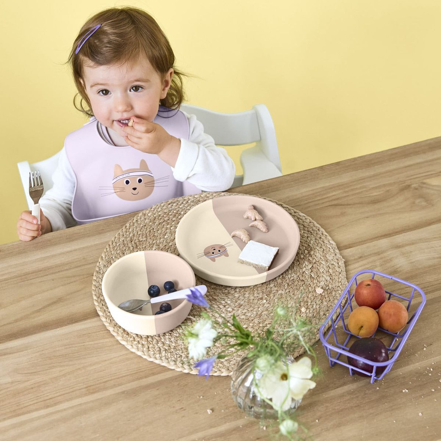 Lässig Esslern-Set aus Silikon für Kinder mit Teller, Schale und Lätzchen, Tiny Team Cat, Pink, BPA-frei - Bild 2
