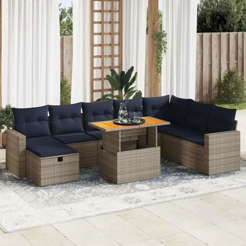 9-tlg. Garten-Sofagarnitur mit Kissen aus Polyrattan und Akazie in Grau von vidaxl - Bild 1