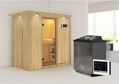 Karibu Sauna Pärnu aus Fichtenholz in Beige für 2 Personen inklusive 9 kW Bio-Kombi-Saunaofen mit externer Steuerung, B/T/H: 210 x 132 x 202 cm - Bild 1