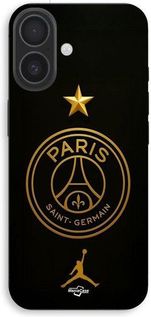MANIACASE Silikon Handyhülle für iPhone 16 in Schwarz mit goldenem PSG-Logo - Bild 1