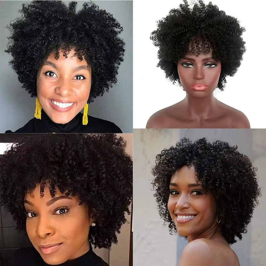 Linhua Afro-Perücke, kurz, lockig, mit Pony, Echthaar, Damen - Bild 4
