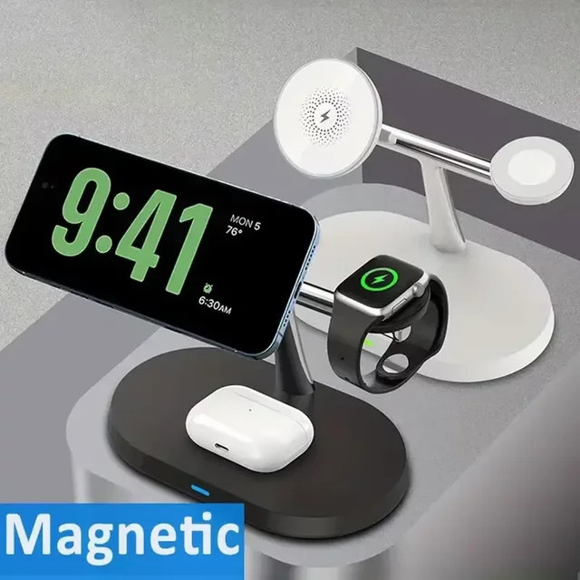 VIKEFON 3-in-1 Magnetisches Wireless-Ladegerät für MagSafe iPhone, Samsung S25 S24 und Apple Watch als Desktop-Schnellladestation in Schwarz und Weiß - Bild 1