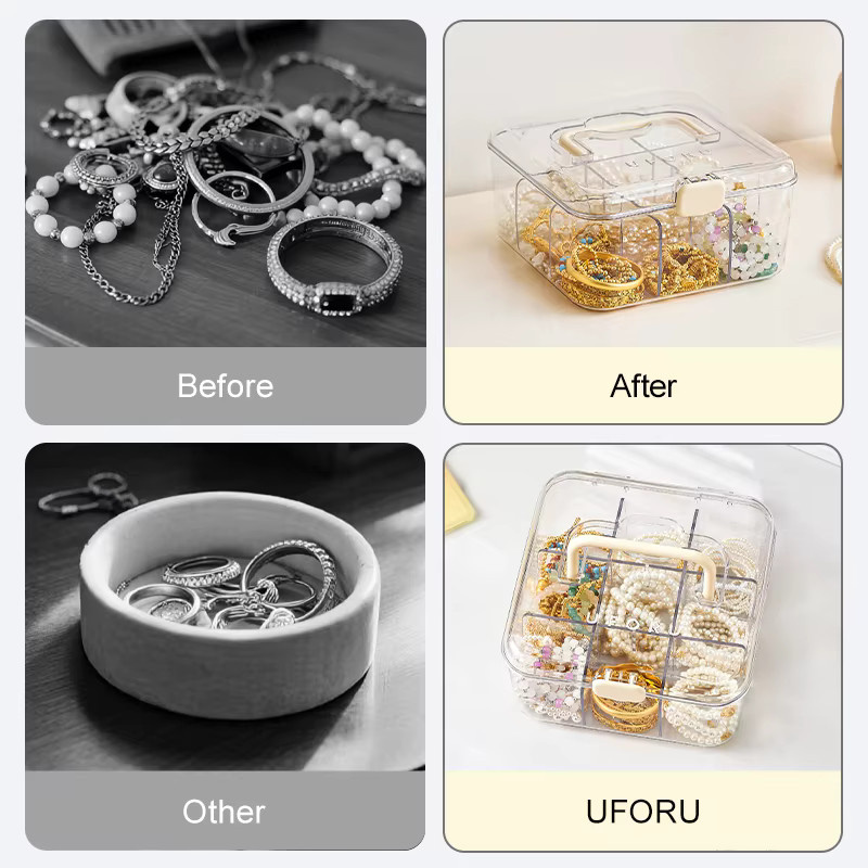 UFORU Schmuck-Organizer-Box aus Acryl in Transparent und Blau mit Griff und Trennwänden - Bild 2