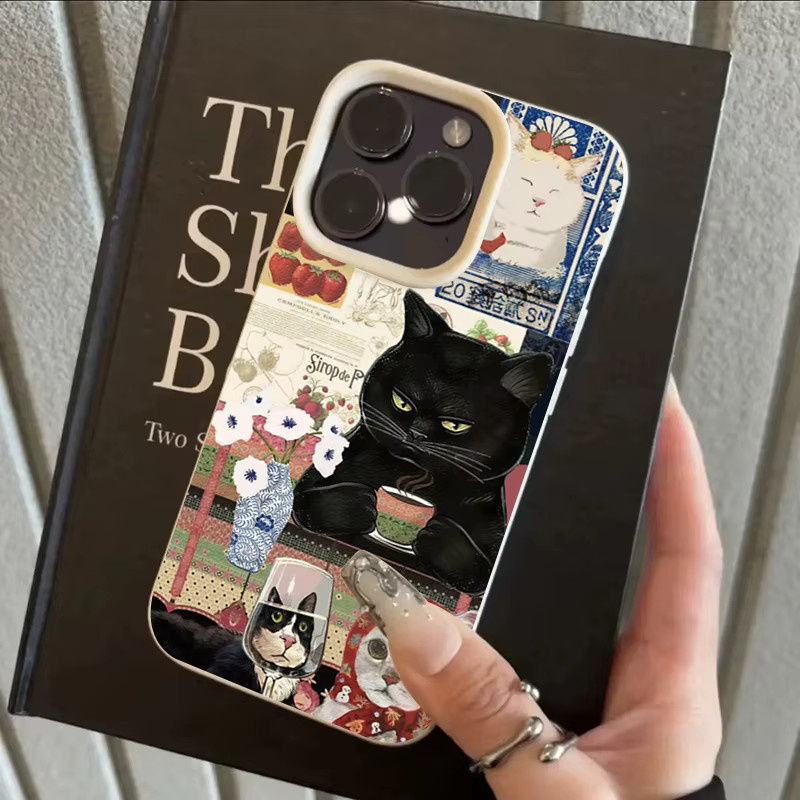Stoßfeste Handyhülle mit schwarzer Katze und Lychee-Muster für Apple iPhone 11 bis 17 Pro Max und weitere Modelle, Schwarz/Mehrfarbig - Bild 5