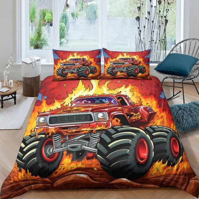 Flylo Kinder Bettwäsche Set aus Mikrofaser mit Monster Truck und Fahrzeugen Muster, 2-teilig, Mehrfarbig, B/H: 70 x 133 cm - Bild 1