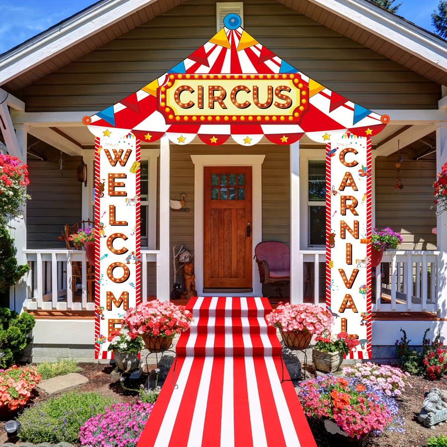 OURFETE Doppelseitiges Willkommensbanner Rot-Weiß Gestreift für Karneval, Zirkus und Kindergeburtstag - Bild 3