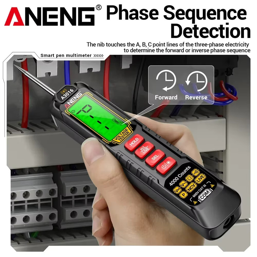 ANENG A3016 Digitalmultimeter in Schwarz mit AC/DC-Spannungstester 600V und berührungsloser Phasensequenz-Detektion sowie Widerstandstest - Bild 2