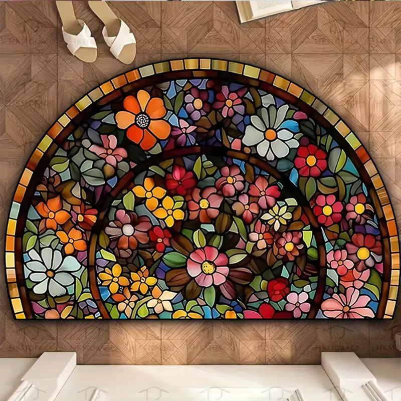 VIKAMA Halbkreis-Fußmatte Amerikanische Vintage Blumen Rutschfest für Innen und Außen, Mehrfarbig, B/T: 60 x 40 cm - Bild 2