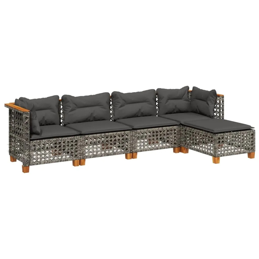 vidaXL 5-tlg Garten-Sofagarnitur in L-Form aus Polyrattan und Akazienholz in Grau mit Kissen und Fußhocker - Bild 2