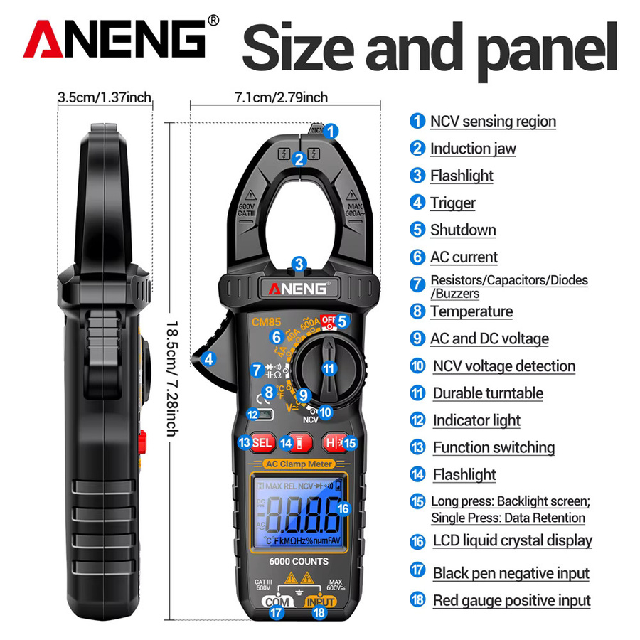 ANEGN 600A AC Stromzangenmessgerät Multimeter Set CM85+VD802 mit Induktionsstift in Schwarz - Bild 5