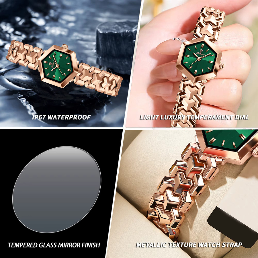 BINBOND Armbanduhr Quarz, Edelstahl, Roségold, Grün, Eckig, Damen - Bild 5