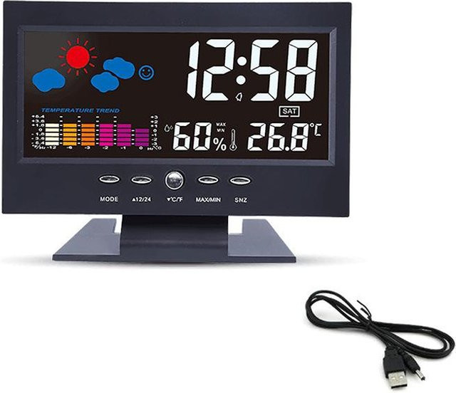 Digitale Wetteruhr mit Sprachsteuerung und Hintergrundbeleuchtung von Happy NieNie in Schwarz, inklusive Temperatur, Luftfeuchtigkeit und Wettervorhersage - Bild 1