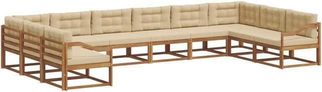 vidaXL Outdoor-Sofagarnitur aus massivem Akazienholz in U-Form mit Kissen, 10-teiliges Set, Natur und Beige - Bild 1