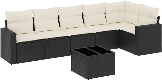 vidaXL 7-tlg Garten-Sofagarnitur aus Poly-Rattan mit Kissen und Glastisch in Schwarz - Bild 1