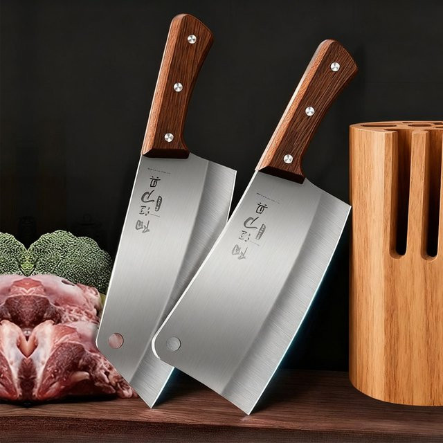 XIAOTIANLAI Chinesisches Kochmesser aus Edelstahl in Silber mit Holzgriff zum Schneiden von Fleisch und Zerteilen von Knochen - Bild 1