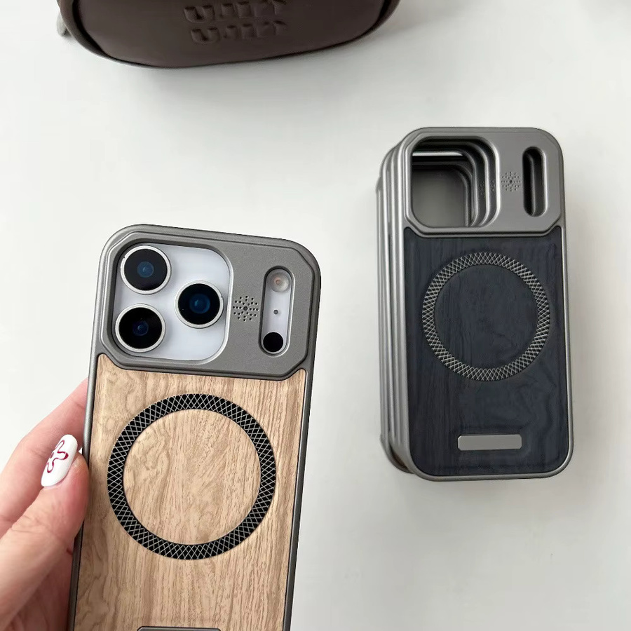 Huyangmu Leder-Handyhülle mit Holzmaserung und magnetischer Absaugung passend für Apple iPhone 17, 16, 15, 14, 13, 12 Pro Max in Metallfarbe - Bild 2