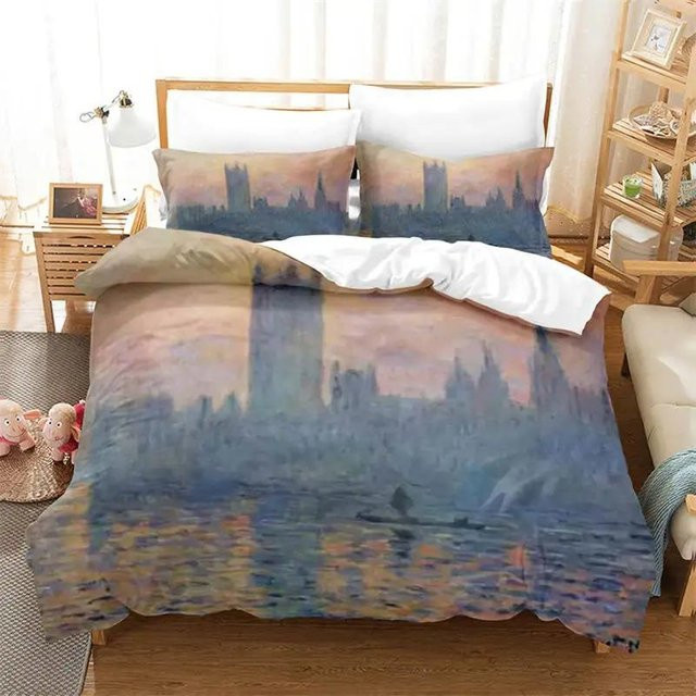 3-teiliges Bettwäsche-Set von Binchi Outdoor Product mit Van Gogh Stil Ölgemälde Himmel Muster in Blau und Multicolour, bestehend aus Bettbezug und Kissenbezügen aus Mikrofaser, B/H: 210 x 210 cm - Bild 1