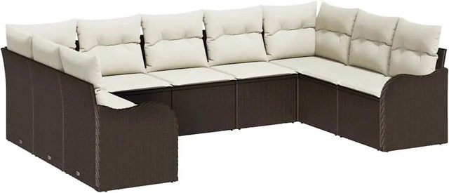 vidaXL Garten-Sofa-Set 9-teilig aus Poly Rattan in Braun und Weiß mit Kissen und Stahlgestell - Bild 1