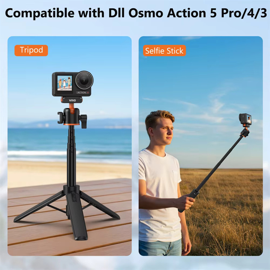 VRIG Magnetisches Stativ für DJI Osmo Action 5 4 3 in Schwarz mit 360-Grad-Kugelkopf und ColdShoe als verstellbarer Selfie-Stick-Ständer - Bild 5