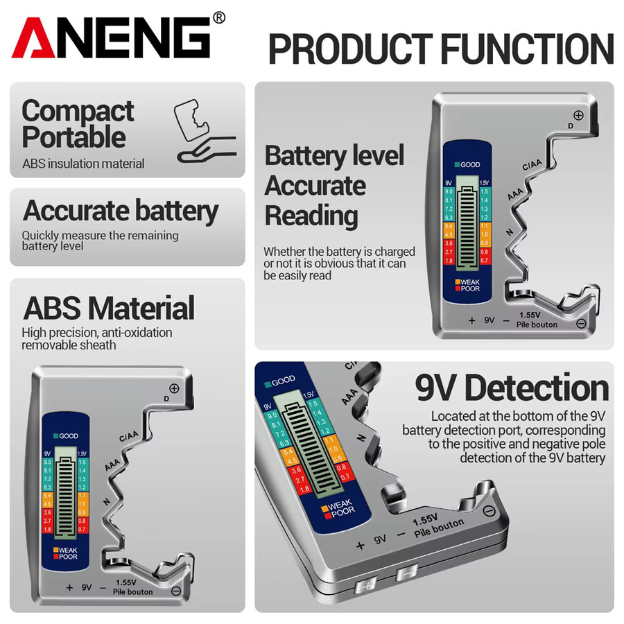 ANENG BT1688 Digitaler Batterietester mit LCD-Display in Silber zur Kapazitätsmessung von AA, AAA, 9V und Knopfzellen - Bild 3