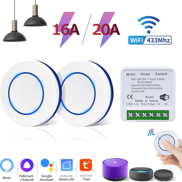 Tuya WiFi Smart Switch Mini Rundes Wandpanel mit RF433MHz Fernbedienung für LED-Licht 16A 20A 100-240V - Bild 1