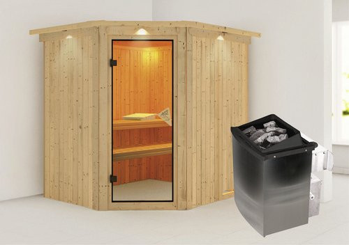 Karibu Sauna Maardu aus Fichtenholz in Beige inklusive 9 kW Saunaofen mit integrierter Steuerung für 3 Personen, B/T/H: 210 x 184 x 202 cm - Bild 1
