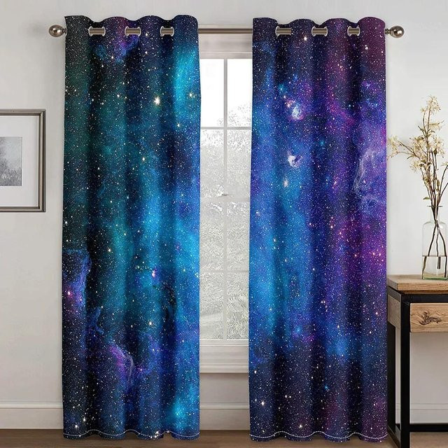 Yiran Furniture 2er-Set lichtfilternde Fenstervorhänge mit 3D-Weltraum- und Sternenmuster für Kinderzimmer, B: 60 cm, H: 60 cm, Mehrfarbig - Bild 1