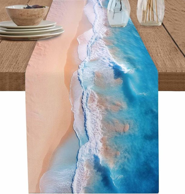 JINGYUE Pet Tischläufer aus Leinen in Blau für Sommer und maritime Dekoration, B/L: 150 x 33 cm - Bild 1
